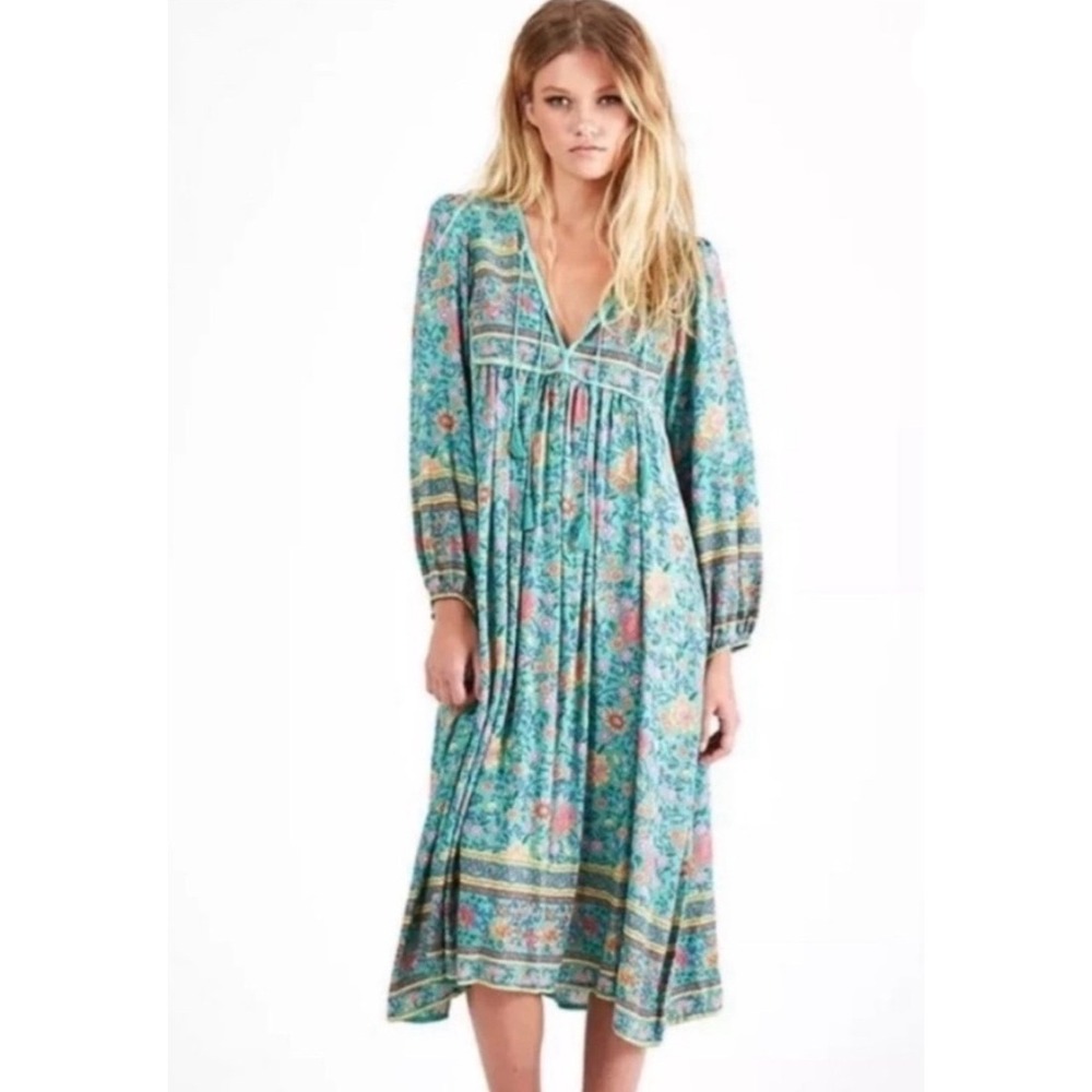 Spell and the Gypsy Turquoise Floral Midi Dress Bohemian Long Sleeve Medium